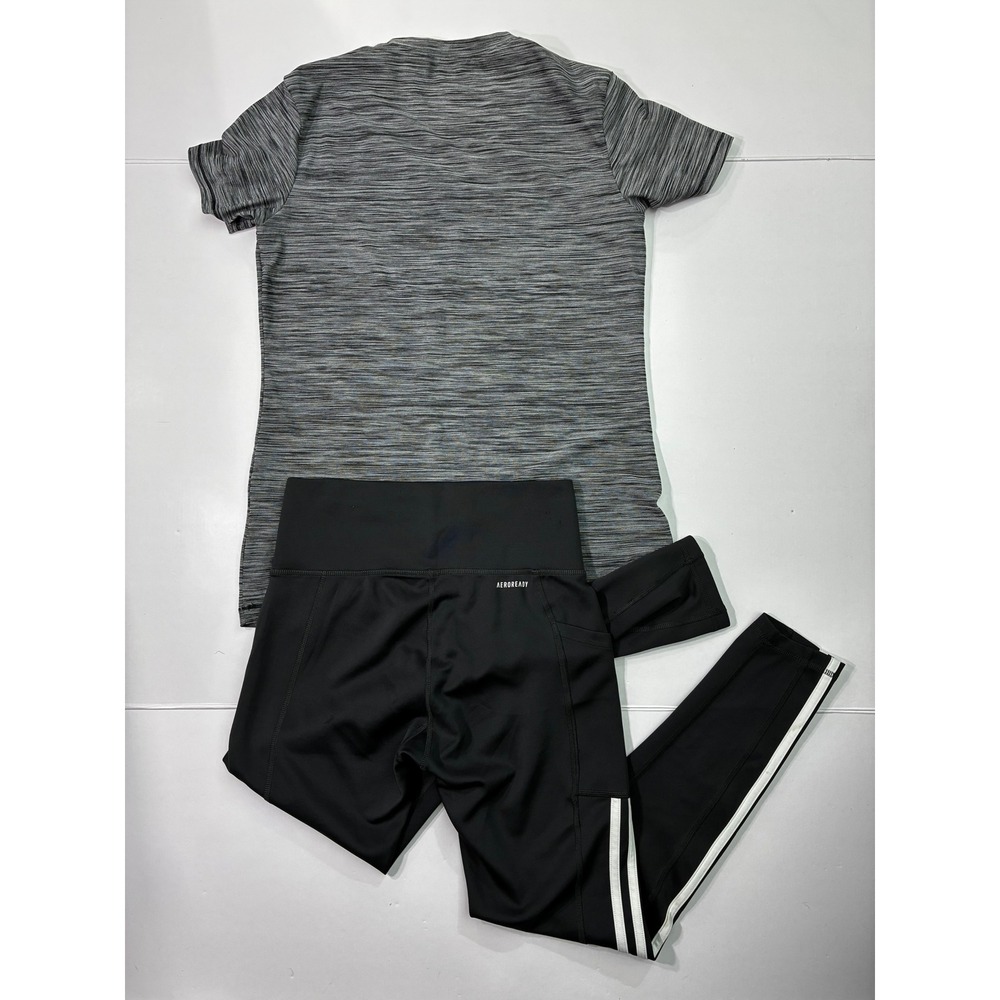 Adidas Bundle Womens 2pc Set Grey Space Dye V-Neck Tee Black 7/8 Leggings S - Picture 2 of 8